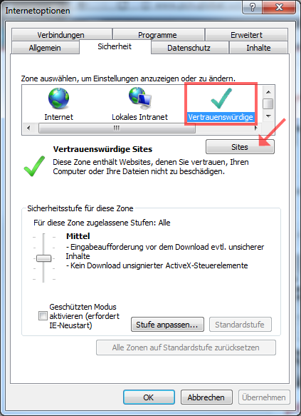 Internetoptionen Sicherheit
